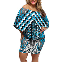 Maori Tukutuku Taniko Motifs Family Matching Off Shoulder Short Dress and Hawaiian Shirt Turquoise Poutama Mix Kowhaiwhai LT7 Mom's Dress Turquoise - Polynesian Pride