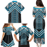Maori Tukutuku Taniko Motifs Family Matching Puletasi and Hawaiian Shirt Turquoise Poutama Mix Kowhaiwhai LT7 - Polynesian Pride