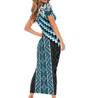 Maori Tukutuku Taniko Motifs Family Matching Short Sleeve Bodycon Dress and Hawaiian Shirt Turquoise Poutama Mix Kowhaiwhai LT7 - Polynesian Pride