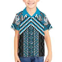 Maori Tukutuku Taniko Motifs Family Matching Short Sleeve Bodycon Dress and Hawaiian Shirt Turquoise Poutama Mix Kowhaiwhai LT7 Son's Shirt Turquoise - Polynesian Pride