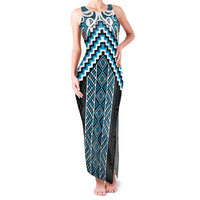 Maori Tukutuku Taniko Motifs Family Matching Tank Maxi Dress and Hawaiian Shirt Turquoise Poutama Mix Kowhaiwhai LT7 Mom's Dress Turquoise - Polynesian Pride