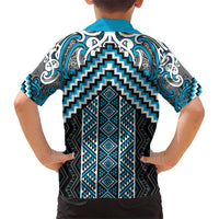 Maori Tukutuku Taniko Motifs Kid Hawaiian Shirt Turquoise Poutama Mix Kowhaiwhai