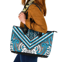 Maori Tukutuku Taniko Motifs Leather Tote Bag Turquoise Poutama Mix Kowhaiwhai LT7 Turquoise - Polynesian Pride