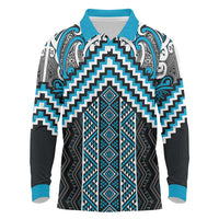 Maori Tukutuku Taniko Motifs Long Sleeve Polo Shirt Turquoise Poutama Mix Kowhaiwhai