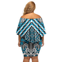 Maori Tukutuku Taniko Motifs Off Shoulder Short Dress Turquoise Poutama Mix Kowhaiwhai