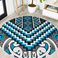Maori Tukutuku Taniko Motifs Round Carpet Turquoise Poutama Mix Kowhaiwhai
