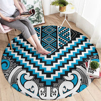 Maori Tukutuku Taniko Motifs Round Carpet Turquoise Poutama Mix Kowhaiwhai