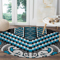 Maori Tukutuku Taniko Motifs Round Carpet Turquoise Poutama Mix Kowhaiwhai