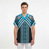 Maori Tukutuku Taniko Motifs Scrub Top Turquoise Poutama Mix Kowhaiwhai - Polynesian Pride