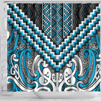 Maori Tukutuku Taniko Motifs Shower Curtain Turquoise Poutama Mix Kowhaiwhai