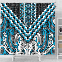 Maori Tukutuku Taniko Motifs Shower Curtain Turquoise Poutama Mix Kowhaiwhai