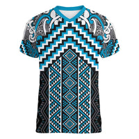 Maori Tukutuku Taniko Motifs Women V-Neck T-Shirt Turquoise Poutama Mix Kowhaiwhai LT7 Female Turquoise - Polynesian Pride