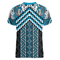 Maori Tukutuku Taniko Motifs Women V-Neck T-Shirt Turquoise Poutama Mix Kowhaiwhai LT7 - Polynesian Pride