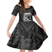 Polynesian Women's Day Family Matching Off Shoulder Long Sleeve Dress and Hawaiian Shirt Plumeria Passion - Black LT7 Daughter's Dress Black - Polynesian Pride