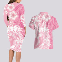 Polynesian Women's Day Couples Matching Long Sleeve Bodycon Dress and Hawaiian Shirt Plumeria Passion - Pink LT7 - Polynesian Pride