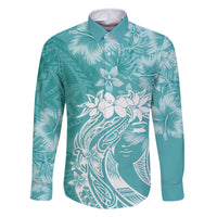 Polynesian Women's Day Family Matching Off Shoulder Long Sleeve Dress and Hawaiian Shirt Plumeria Passion - Teal LT7 Dad's Shirt - Long Sleeve Teal - Polynesian Pride