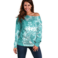 Polynesian Women's Day Off Shoulder Sweater Plumeria Passion - Teal LT7 Women Teal - Polynesian Pride