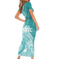 Polynesian Women's Day Short Sleeve Bodycon Dress Plumeria Passion - Teal LT7 - Polynesian Pride