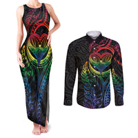 New Zealand Pride Couples Matching Tank Maxi Dress and Long Sleeve Button Shirt Takatapui Rainbow Fern LT7 Colorful - Polynesian Pride