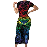 New Zealand Pride Family Matching Short Sleeve Bodycon Dress and Hawaiian Shirt Takatapui Rainbow Fern LT7 Mom's Dress Colorful - Polynesian Pride