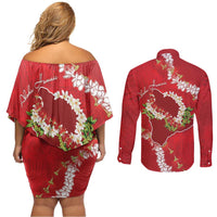 Hawaii Island Flowers Lei Couples Matching Off Shoulder Short Dress and Long Sleeve Button Shirt Ohia Lehua Scarlet Red