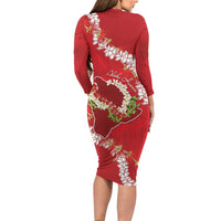 Hawaii Island Flowers Lei Long Sleeve Bodycon Dress Ohia Lehua Scarlet Red LT7 - Polynesian Pride