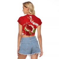 Hawaii Island Flowers Lei Raglan Cropped T Shirt Ohia Lehua Scarlet Red LT7 - Polynesian Pride