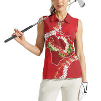 Hawaii Island Flowers Lei Women Sleeveless Polo Shirt Ohia Lehua Scarlet Red