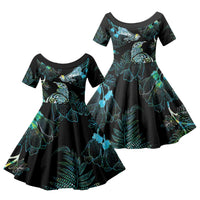 Aotearoa Maori Mahuru Family Matching Off Shoulder Short Dress and Hawaiian Shirt Spring Time - Paua Shell Green LT7 Daughter's Dress Black - Polynesian Pride
