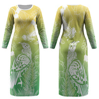 Aotearoa Maori Mahuru Tui With Pikawakawa Family Matching Long Sleeve Bodycon Dress and Hawaiian Shirt Spring Time LT7 Mom's Dress Green - Polynesian Pride