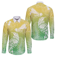 Aotearoa Maori Mahuru Tui With Pikawakawa Family Matching Off Shoulder Short Dress and Hawaiian Shirt Spring Time LT7 Dad's Shirt - Long Sleeve Green - Polynesian Pride