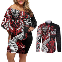 Aotearoa Toitu Te Tiriti Couples Matching Off Shoulder Short Dress and Long Sleeve Button Shirt Whakairo Wheku