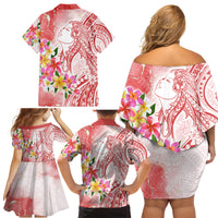 Polynesian Women's Day Wahine Family Matching Off Shoulder Short Dress and Hawaiian Shirt Plumeria Marble Glaze - Pink LT7 - Polynesian Pride