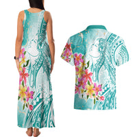 Polynesian Women's Day Wahine Couples Matching Tank Maxi Dress and Hawaiian Shirt Plumeria Marble Glaze - Teal LT7 - Polynesian Pride