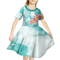 Polynesian Women's Day Wahine Kid Short Sleeve Dress Plumeria Marble Glaze - Teal LT7 - Polynesian Pride