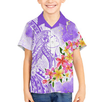 Polynesian Women's Day Wahine Family Matching Short Sleeve Bodycon Dress and Hawaiian Shirt Plumeria Marble Glaze - Purple LT7 Son's Shirt Purple - Polynesian Pride