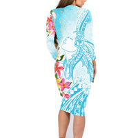 Polynesian Women's Day Wahine Family Matching Long Sleeve Bodycon Dress and Hawaiian Shirt Plumeria Marble Glaze - Turquoise LT7 - Polynesian Pride