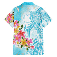Polynesian Women's Day Wahine Family Matching Off Shoulder Maxi Dress and Hawaiian Shirt Plumeria Marble Glaze - Turquoise LT7 - Polynesian Pride