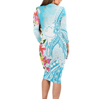 Polynesian Women's Day Wahine Long Sleeve Bodycon Dress Plumeria Marble Glaze - Turquoise LT7 - Polynesian Pride