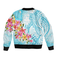 Polynesian Women's Day Wahine Sleeve Zip Bomber Jacket Plumeria Marble Glaze - Turquoise LT7 - Polynesian Pride