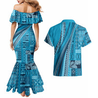 Pasifika Women's Day - Samoa Siapo Malu Tattoo Inspired Couples Matching Mermaid Dress and Hawaiian Shirt Turquoise LT7 - Polynesian Pride