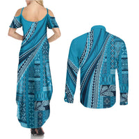 Pasifika Women's Day - Samoa Siapo Malu Tattoo Inspired Couples Matching Summer Maxi Dress and Long Sleeve Button Shirt Turquoise LT7 - Polynesian Pride