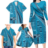 Pasifika Women's Day - Samoa Siapo Malu Tattoo Inspired Family Matching Long Sleeve Bodycon Dress and Hawaiian Shirt Turquoise