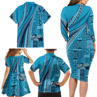 Pasifika Women's Day - Samoa Siapo Malu Tattoo Inspired Family Matching Long Sleeve Bodycon Dress and Hawaiian Shirt Turquoise