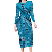 Pasifika Women's Day - Samoa Siapo Malu Tattoo Inspired Family Matching Long Sleeve Bodycon Dress and Hawaiian Shirt Turquoise