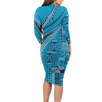 Pasifika Women's Day - Samoa Siapo Malu Tattoo Inspired Family Matching Long Sleeve Bodycon Dress and Hawaiian Shirt Turquoise
