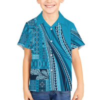 Pasifika Women's Day - Samoa Siapo Malu Tattoo Inspired Family Matching Short Sleeve Bodycon Dress and Hawaiian Shirt Turquoise LT7 Son's Shirt Turquoise - Polynesian Pride