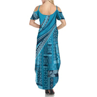 Pasifika Women's Day - Samoa Siapo Malu Tattoo Inspired Family Matching Summer Maxi Dress and Hawaiian Shirt Turquoise