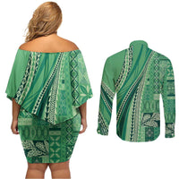 Pasifika Women's Day - Samoa Siapo Malu Tattoo Inspired Couples Matching Off Shoulder Short Dress and Long Sleeve Button Shirt Jade LT7 - Polynesian Pride