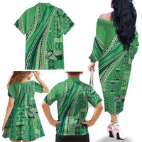 Pasifika Women's Day - Samoa Siapo Malu Tattoo Inspired Family Matching Off The Shoulder Long Sleeve Dress and Hawaiian Shirt Jade